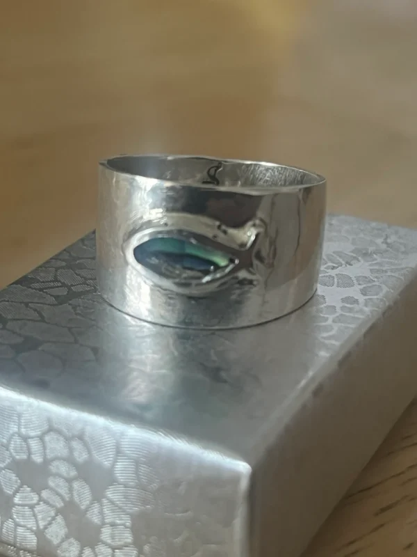 A silver ring with an eye on it
